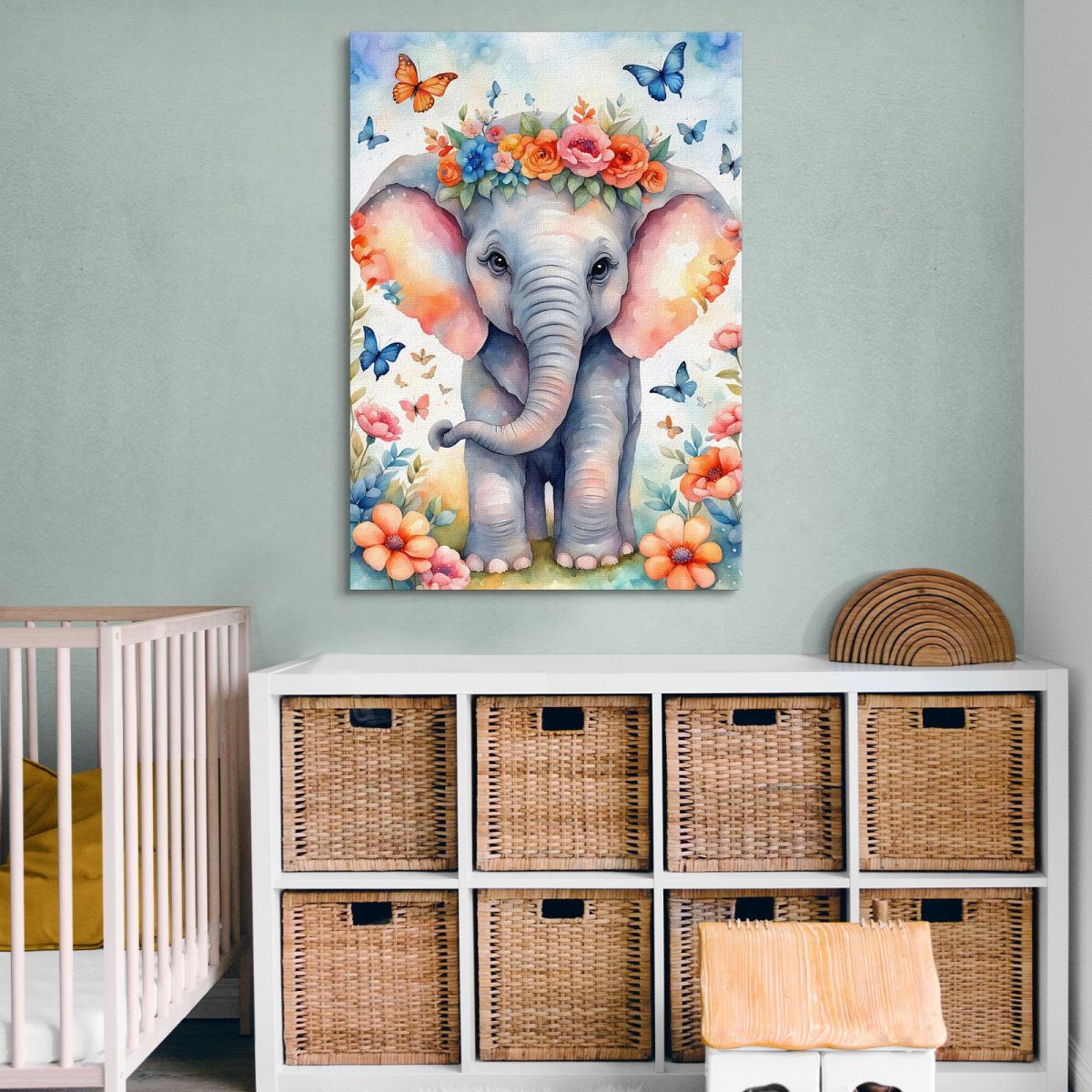Quadro Per Cameretta Bimbo Bimba Dolce Elefantino Con Fiori E Farfalle Colorate bana3 quadro stampa su tela