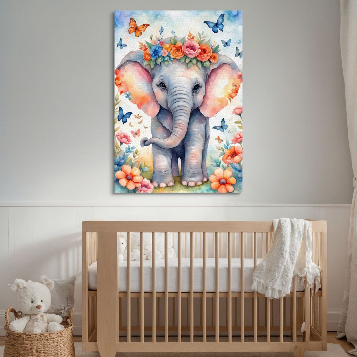 Quadro Per Cameretta Bimbo Bimba Dolce Elefantino Con Fiori E Farfalle Colorate bana3 quadro stampa su tela