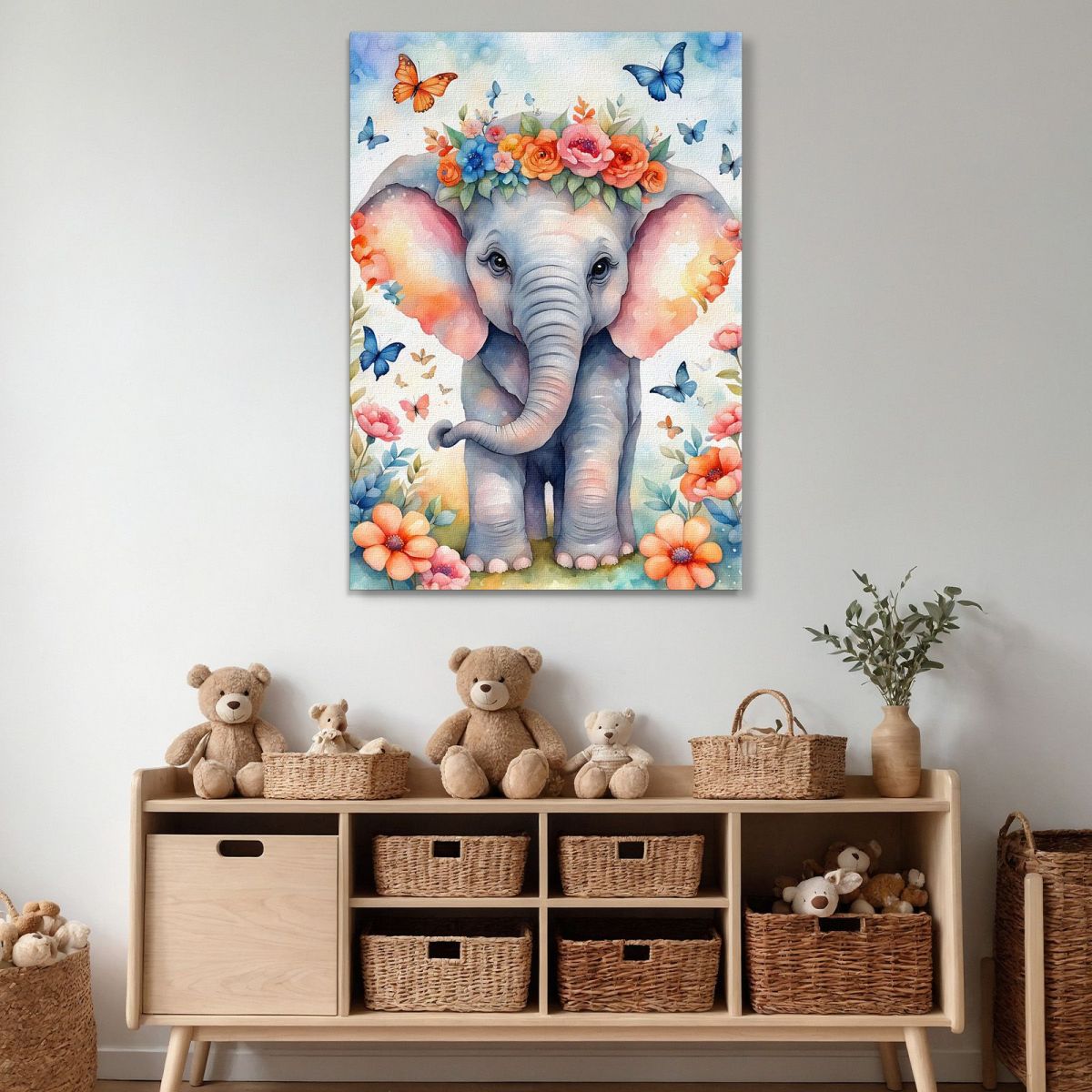Quadro Per Cameretta Bimbo Bimba Dolce Elefantino Con Fiori E Farfalle Colorate bana3 quadro stampa su tela