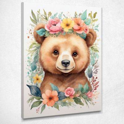 Quadro Decorativo Per Cameretta Bimba Orsetto Con Ghirlanda Di Fiori Colorati bana15 quadro stampa su tela