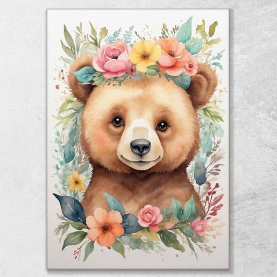 Cuadro Decorativo Para Dormitorio De Niña, Osito Con Guirnalda De Flores De Colores , bana15 cuadro en lienzo