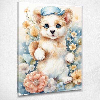 Quadro Per Nursery Decorazione Per Cameretta Cucciolo Di Cane Con Fiorellini E Cappellino bana20 quadro stampa su tela