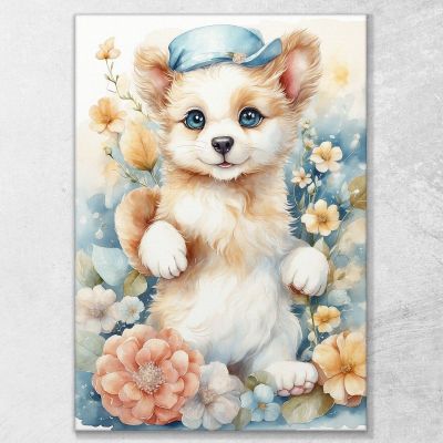 Nursery Picture, Bedroom Decoration, Puppy Dog With Flowers And Hat , bana20 canvas print