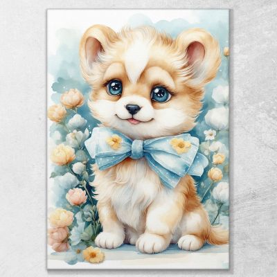 Quadro Per Bimbo Decorazione Nursery Cagnolino Con Fiocco E Decorazioni Floreali bana21 quadro stampa su tela