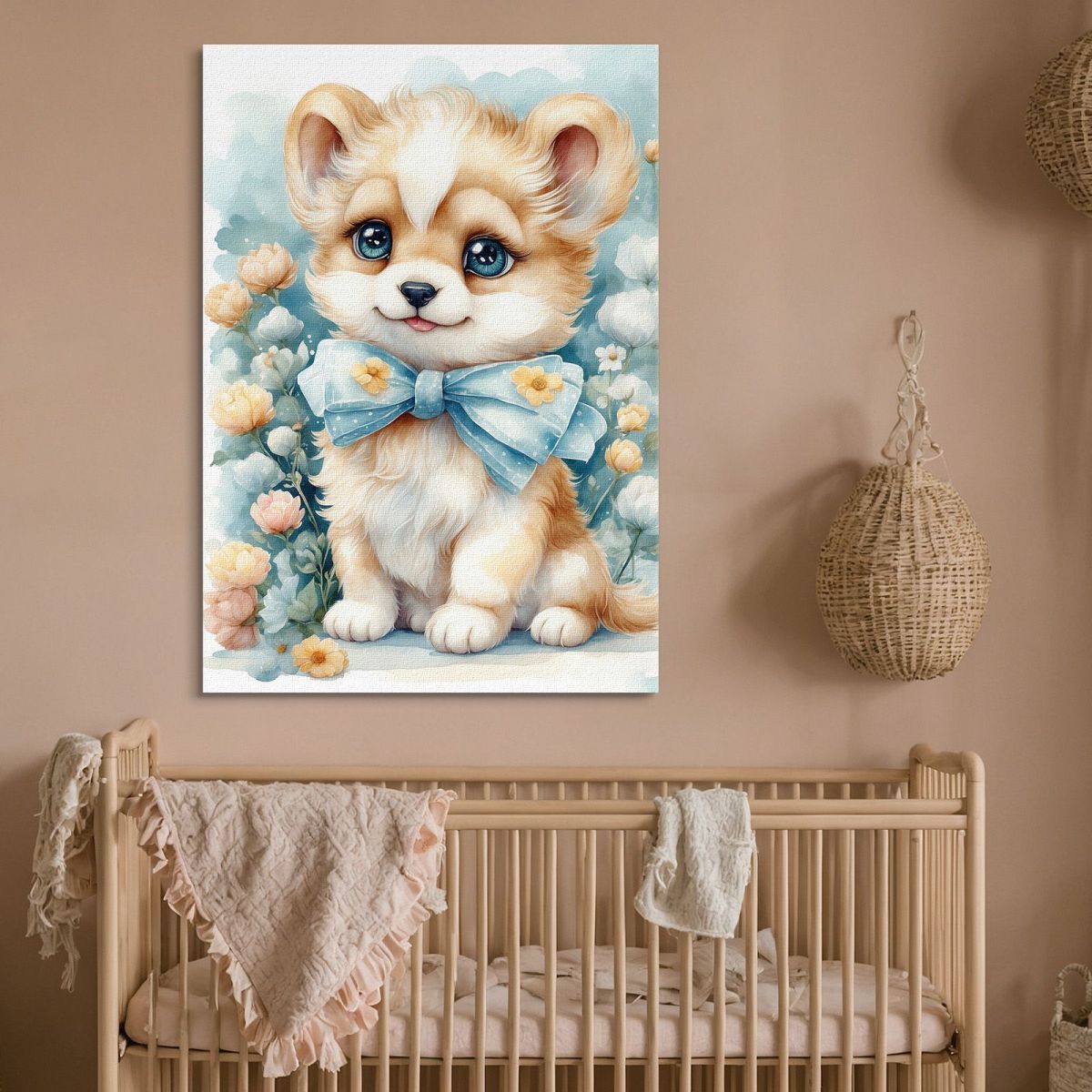 Quadro Per Bimbo Decorazione Nursery Cagnolino Con Fiocco E Decorazioni Floreali bana21 quadro stampa su tela