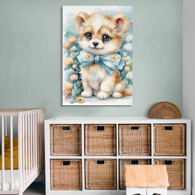 Quadro Per Bimbo Decorazione Nursery Cagnolino Con Fiocco E Decorazioni Floreali bana21 quadro stampa su tela