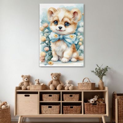 Quadro Per Bimbo Decorazione Nursery Cagnolino Con Fiocco E Decorazioni Floreali bana21 quadro stampa su tela