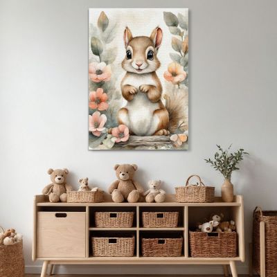 Quadro Per Bimba Decorazione Nursery Tenero Scoiattolo Con Cornice Floreale bana22 quadro stampa su tela