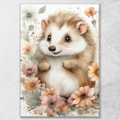 Cuadro Decorativo Para Habitación Infantil Y Dormitorio, Lindo Erizo Rodeado De Flores , bana28 cuadro en lienzo