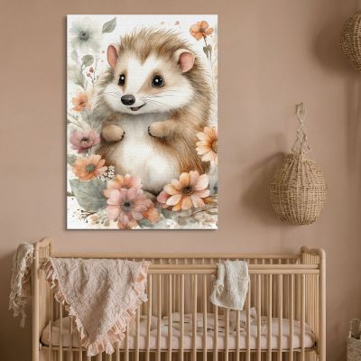 Quadro Decorativo Per Nursery E Cameretta Riccio Carino Circondato Da Fiori bana28 quadro stampa su tela