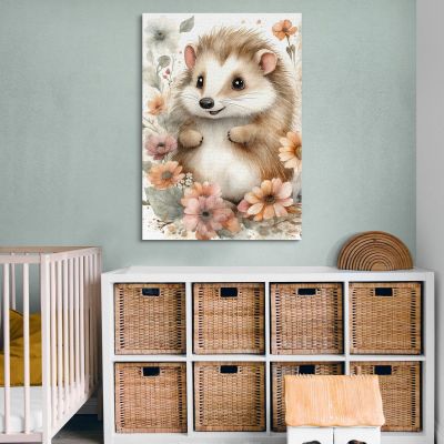 Quadro Decorativo Per Nursery E Cameretta Riccio Carino Circondato Da Fiori bana28 quadro stampa su tela