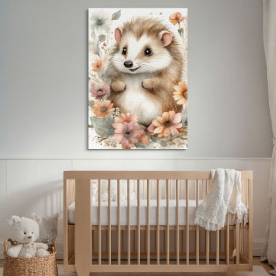 Quadro Decorativo Per Nursery E Cameretta Riccio Carino Circondato Da Fiori bana28 quadro stampa su tela