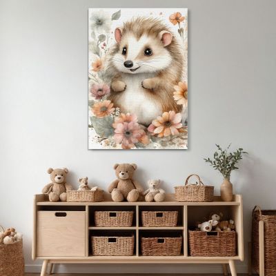 Quadro Decorativo Per Nursery E Cameretta Riccio Carino Circondato Da Fiori bana28 quadro stampa su tela