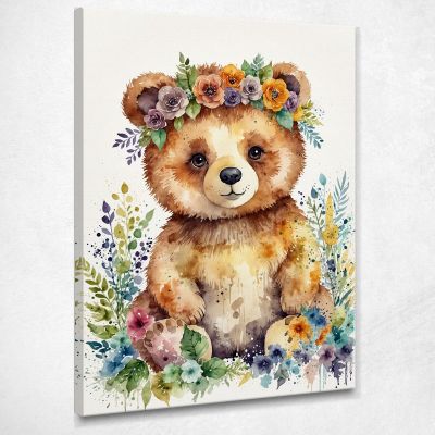 Quadro Per Nursery Decorazione Cameretta Orsetto Felice Tra I Fiori bana29 quadro stampa su tela