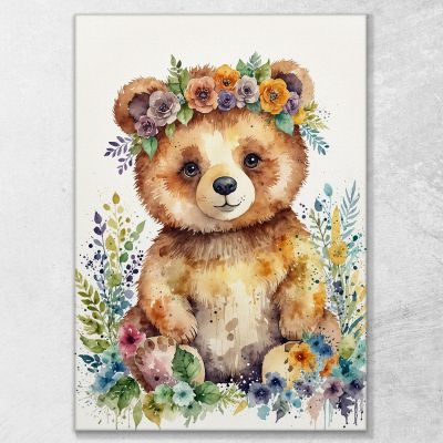 Quadro Per Nursery Decorazione Cameretta Orsetto Felice Tra I Fiori bana29 quadro stampa su tela