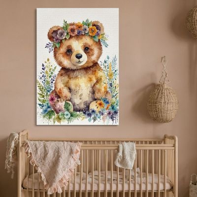 Quadro Per Nursery Decorazione Cameretta Orsetto Felice Tra I Fiori bana29 quadro stampa su tela