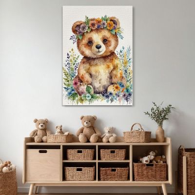 Quadro Per Nursery Decorazione Cameretta Orsetto Felice Tra I Fiori bana29 quadro stampa su tela