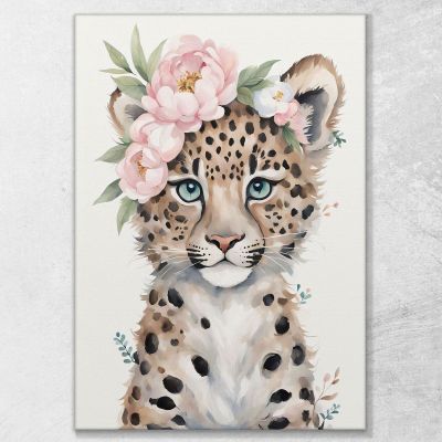 Quadro Per Cameretta Bimbo Piccolo Leopardo Carino Con Fiori Pastello bana35 quadro stampa su tela
