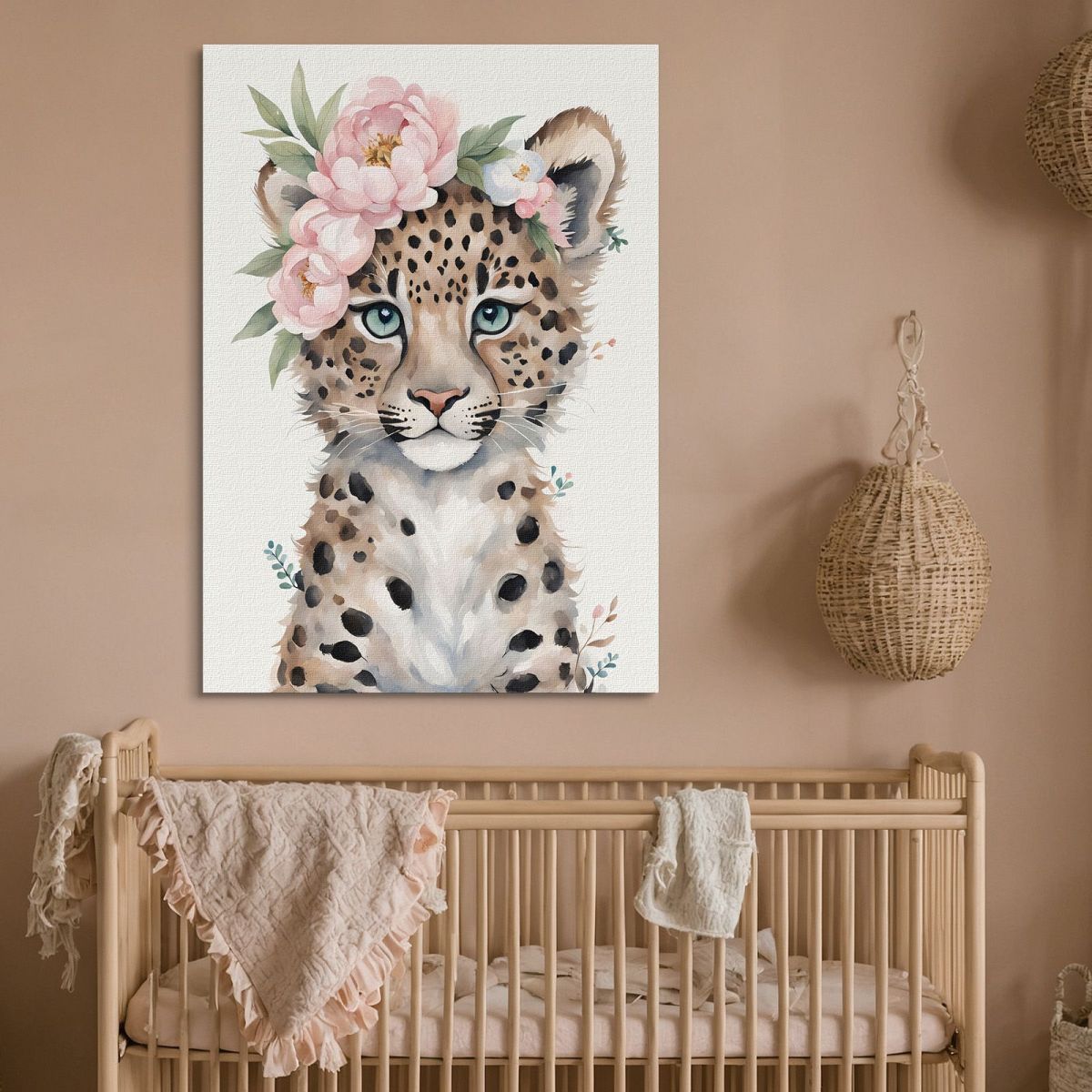 Quadro Per Cameretta Bimbo Piccolo Leopardo Carino Con Fiori Pastello bana35 quadro stampa su tela
