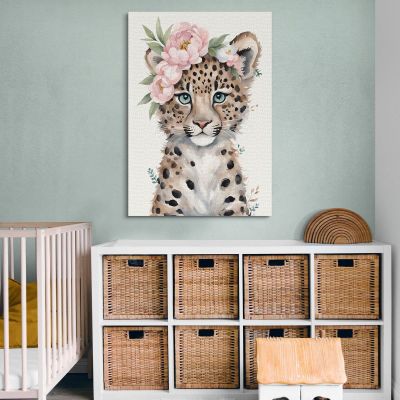 Quadro Per Cameretta Bimbo Piccolo Leopardo Carino Con Fiori Pastello bana35 quadro stampa su tela