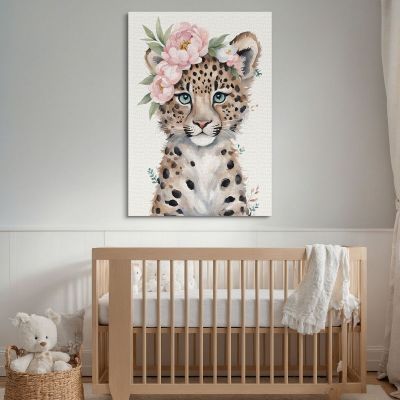 Quadro Per Cameretta Bimbo Piccolo Leopardo Carino Con Fiori Pastello bana35 quadro stampa su tela