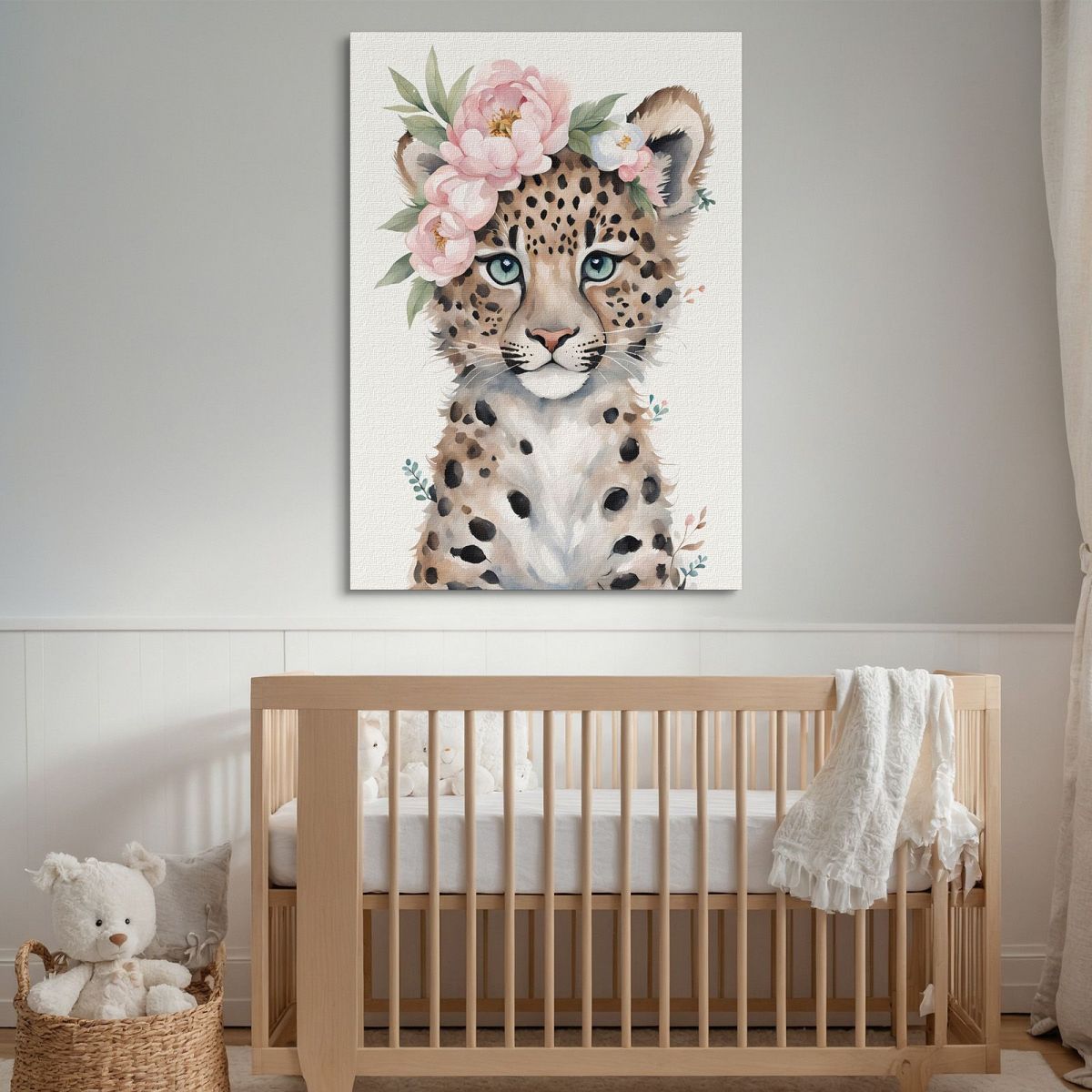 Quadro Per Cameretta Bimbo Piccolo Leopardo Carino Con Fiori Pastello bana35 quadro stampa su tela