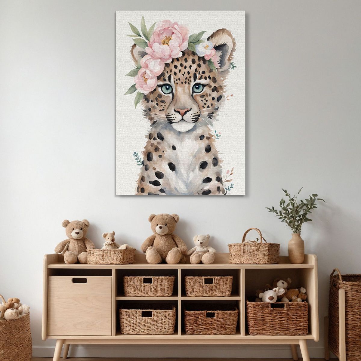 Quadro Per Cameretta Bimbo Piccolo Leopardo Carino Con Fiori Pastello bana35 quadro stampa su tela