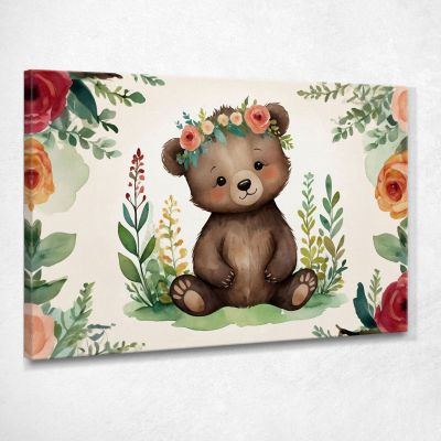 Quadro Per Nursery Decorazione Bimba Tenero Orsetto Con Fiori Colorati bana39 quadro stampa su tela