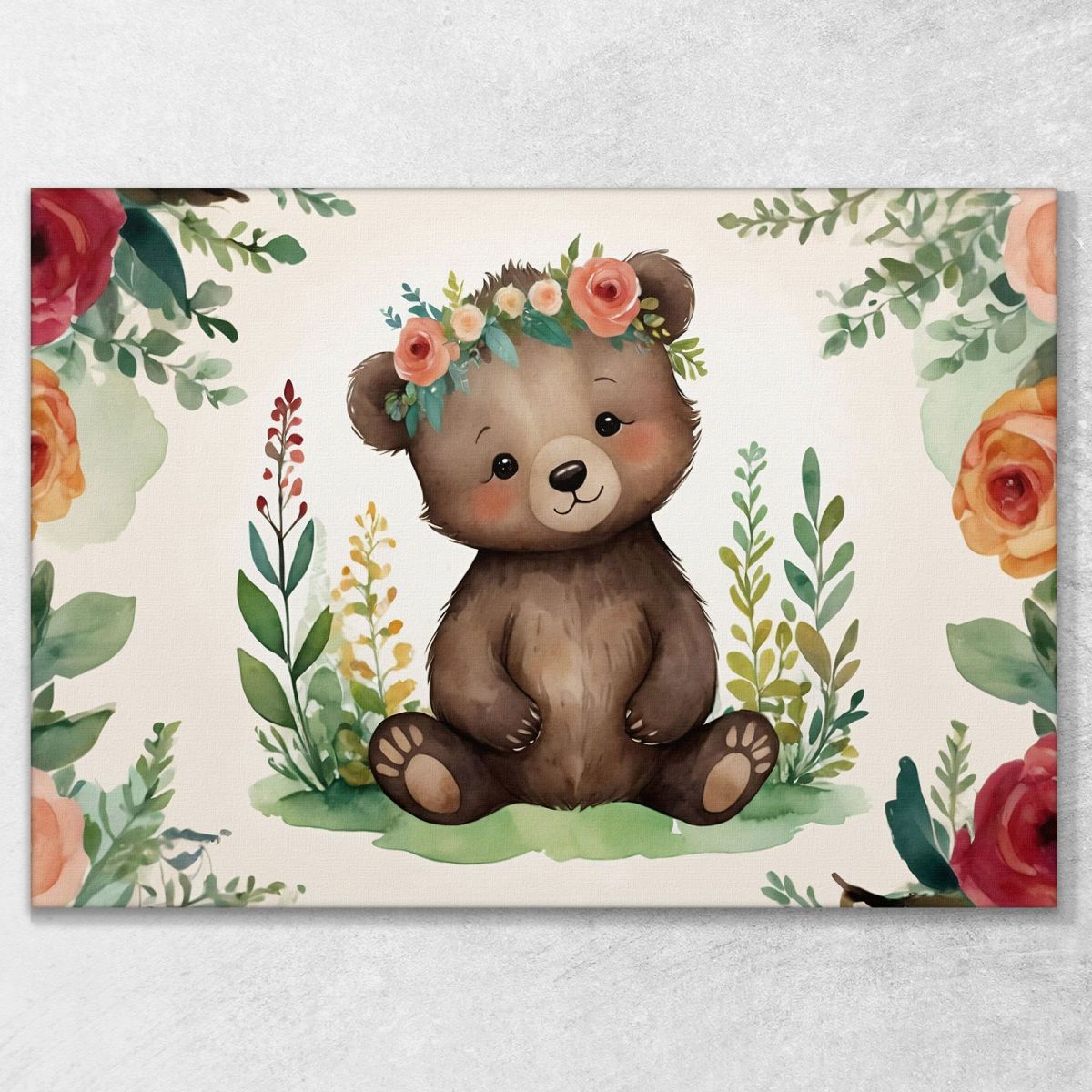 Quadro Per Nursery Decorazione Bimba Tenero Orsetto Con Fiori Colorati bana39 quadro stampa su tela