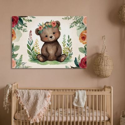 Quadro Per Nursery Decorazione Bimba Tenero Orsetto Con Fiori Colorati bana39 quadro stampa su tela