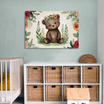 Quadro Per Nursery Decorazione Bimba Tenero Orsetto Con Fiori Colorati bana39 quadro stampa su tela