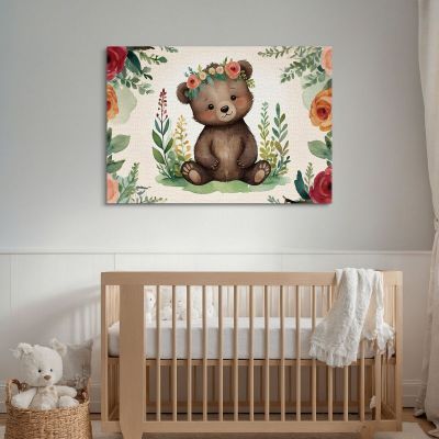 Quadro Per Nursery Decorazione Bimba Tenero Orsetto Con Fiori Colorati bana39 quadro stampa su tela