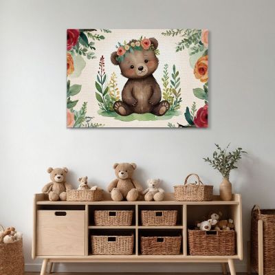 Quadro Per Nursery Decorazione Bimba Tenero Orsetto Con Fiori Colorati bana39 quadro stampa su tela