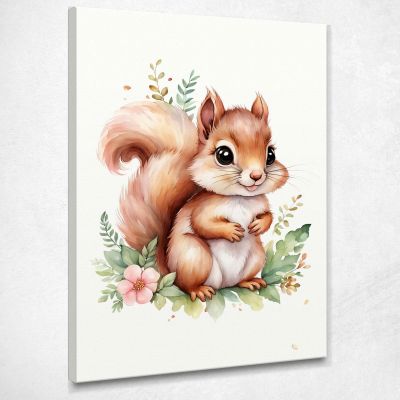 Quadro Per Cameretta Neonato Cucciolo Di Scoiattolo Con Decorazione Floreale banb11 quadro stampa su tela