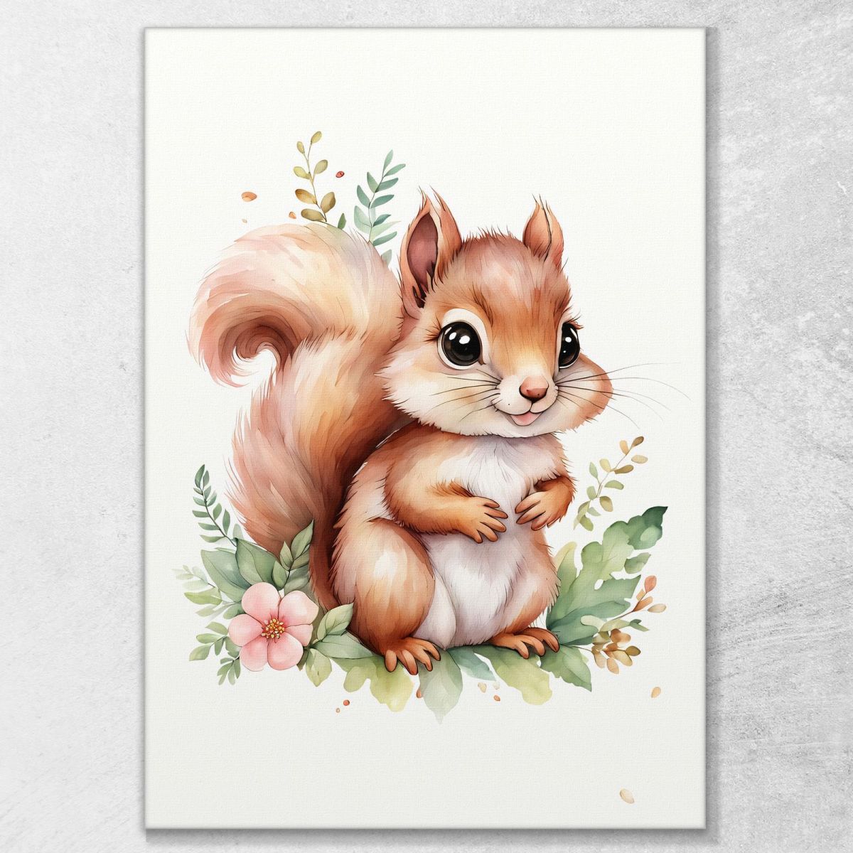 Quadro Per Cameretta Neonato Cucciolo Di Scoiattolo Con Decorazione Floreale banb11 quadro stampa su tela