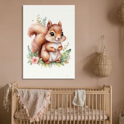 Quadro Per Cameretta Neonato Cucciolo Di Scoiattolo Con Decorazione Floreale banb11 quadro stampa su tela
