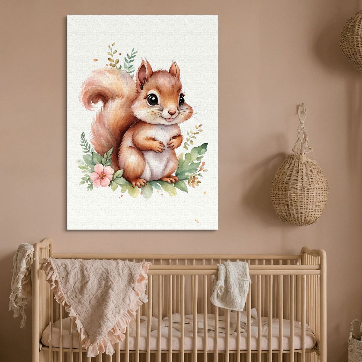 Quadro Per Cameretta Neonato Cucciolo Di Scoiattolo Con Decorazione Floreale banb11 quadro stampa su tela