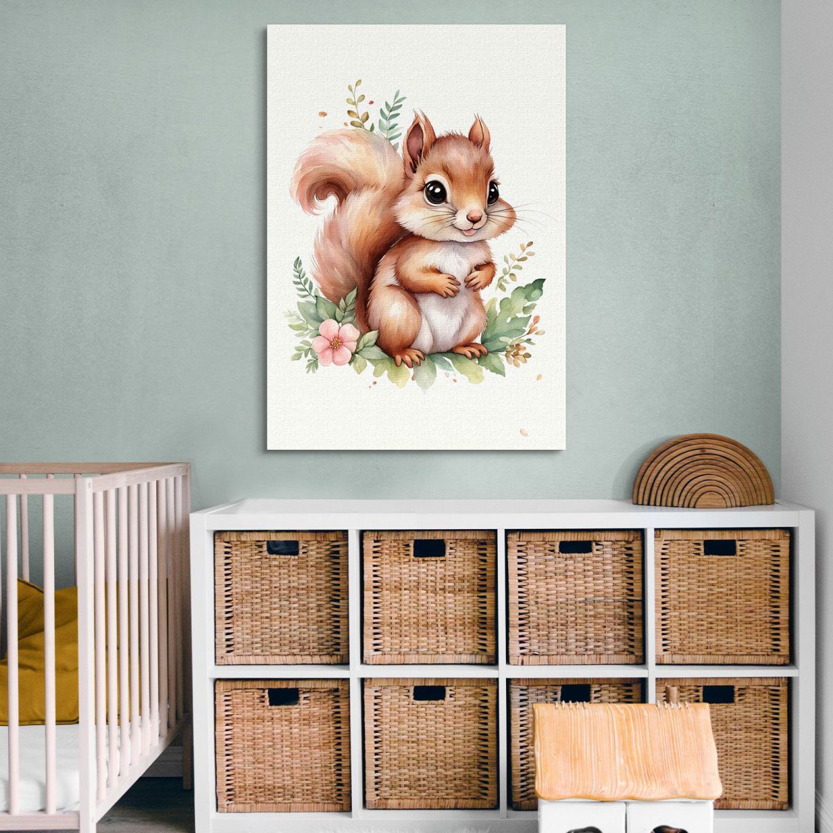 Quadro Per Cameretta Neonato Cucciolo Di Scoiattolo Con Decorazione Floreale banb11 quadro stampa su tela