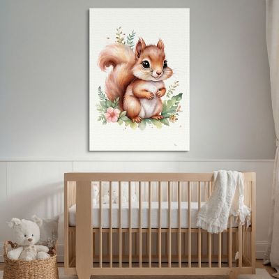 Quadro Per Cameretta Neonato Cucciolo Di Scoiattolo Con Decorazione Floreale banb11 quadro stampa su tela