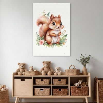 Quadro Per Cameretta Neonato Cucciolo Di Scoiattolo Con Decorazione Floreale banb11 quadro stampa su tela