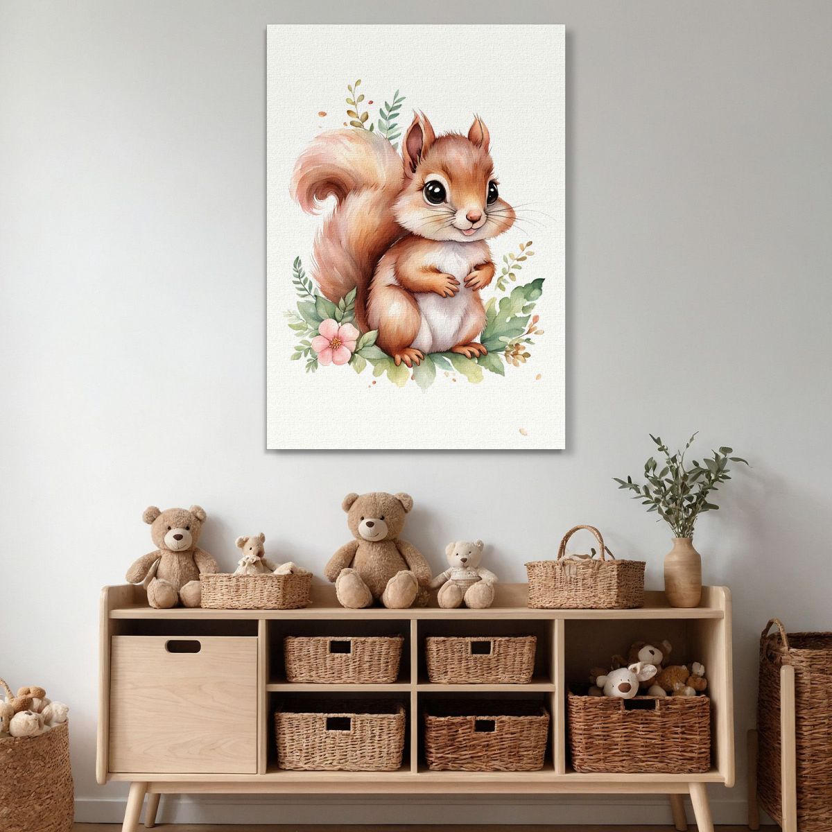 Quadro Per Cameretta Neonato Cucciolo Di Scoiattolo Con Decorazione Floreale banb11 quadro stampa su tela
