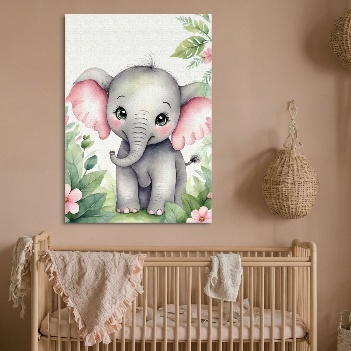 Quadro Per Nursery Decorazione Per Bambino Elefantino Con Orecchie Rosa E Fiori banb12 quadro stampa su tela