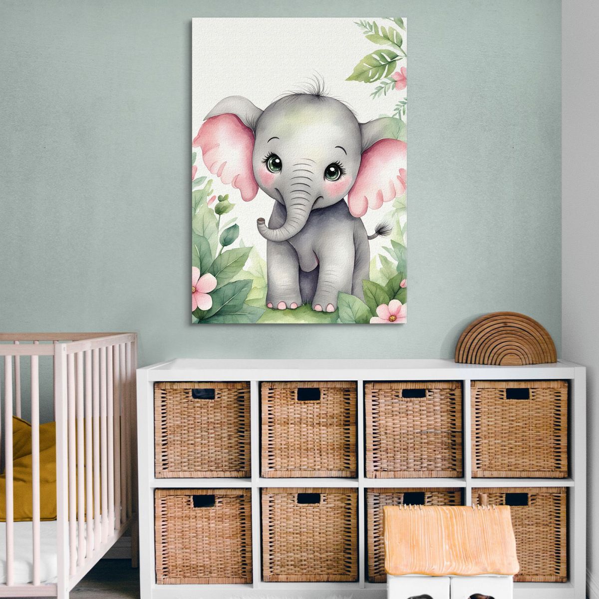 Quadro Per Nursery Decorazione Per Bambino Elefantino Con Orecchie Rosa E Fiori banb12 quadro stampa su tela