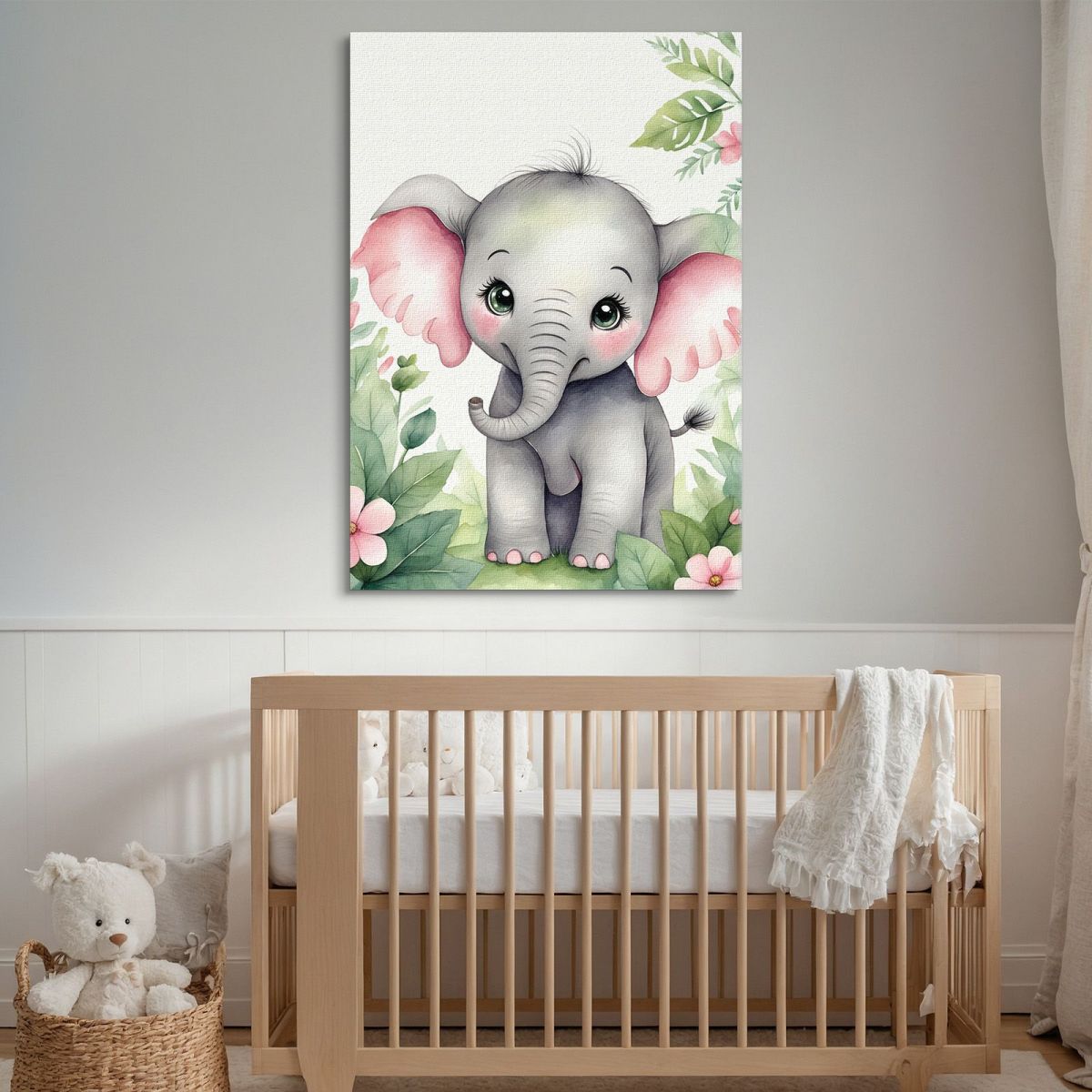 Quadro Per Nursery Decorazione Per Bambino Elefantino Con Orecchie Rosa E Fiori banb12 quadro stampa su tela