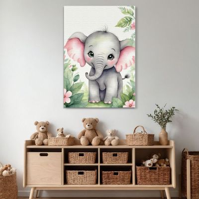 Quadro Per Nursery Decorazione Per Bambino Elefantino Con Orecchie Rosa E Fiori banb12 quadro stampa su tela