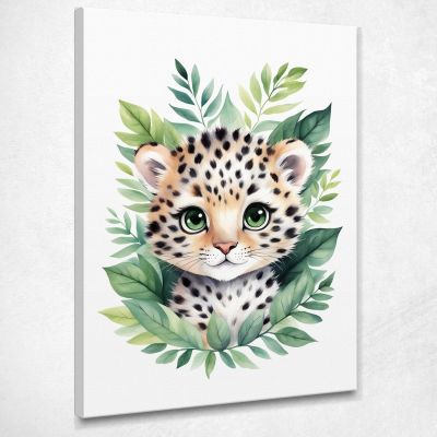 Decorazione Per Nursery Quadro Per Bimba Cucciolo Di Leopardo Tra Foglie Verdi banb18 quadro stampa su tela