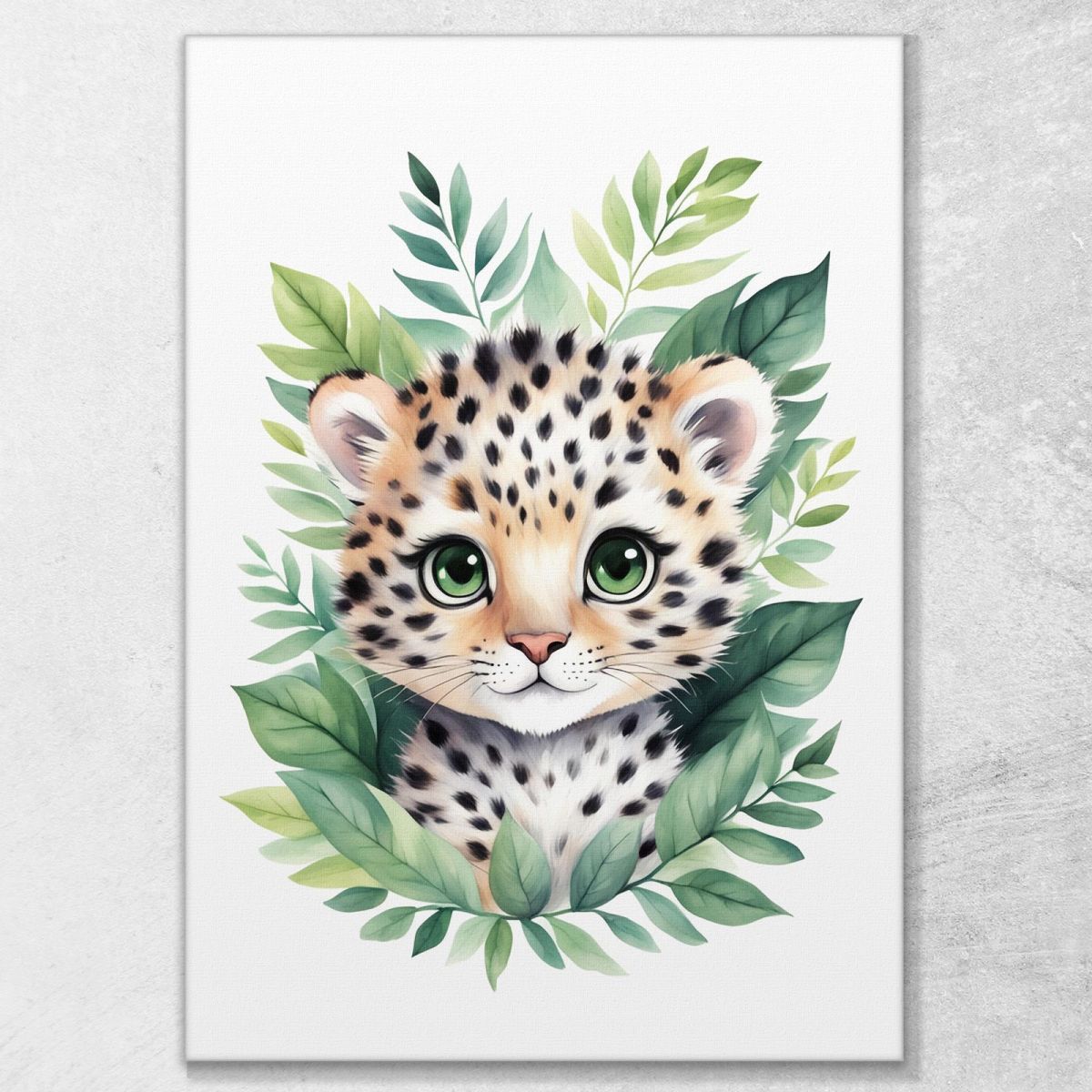 Decorazione Per Nursery Quadro Per Bimba Cucciolo Di Leopardo Tra Foglie Verdi banb18 quadro stampa su tela