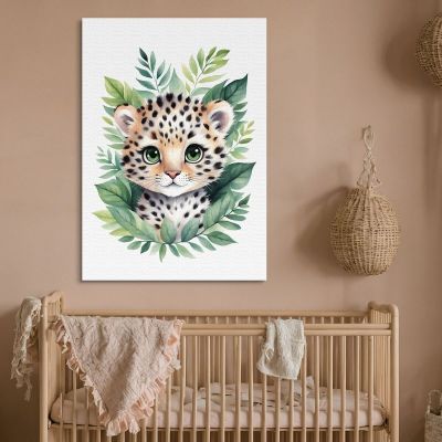 Decorazione Per Nursery Quadro Per Bimba Cucciolo Di Leopardo Tra Foglie Verdi banb18 quadro stampa su tela