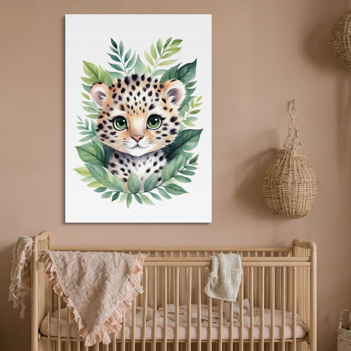 Decorazione Per Nursery Quadro Per Bimba Cucciolo Di Leopardo Tra Foglie Verdi banb18 quadro stampa su tela