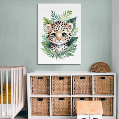 Decorazione Per Nursery Quadro Per Bimba Cucciolo Di Leopardo Tra Foglie Verdi banb18 quadro stampa su tela